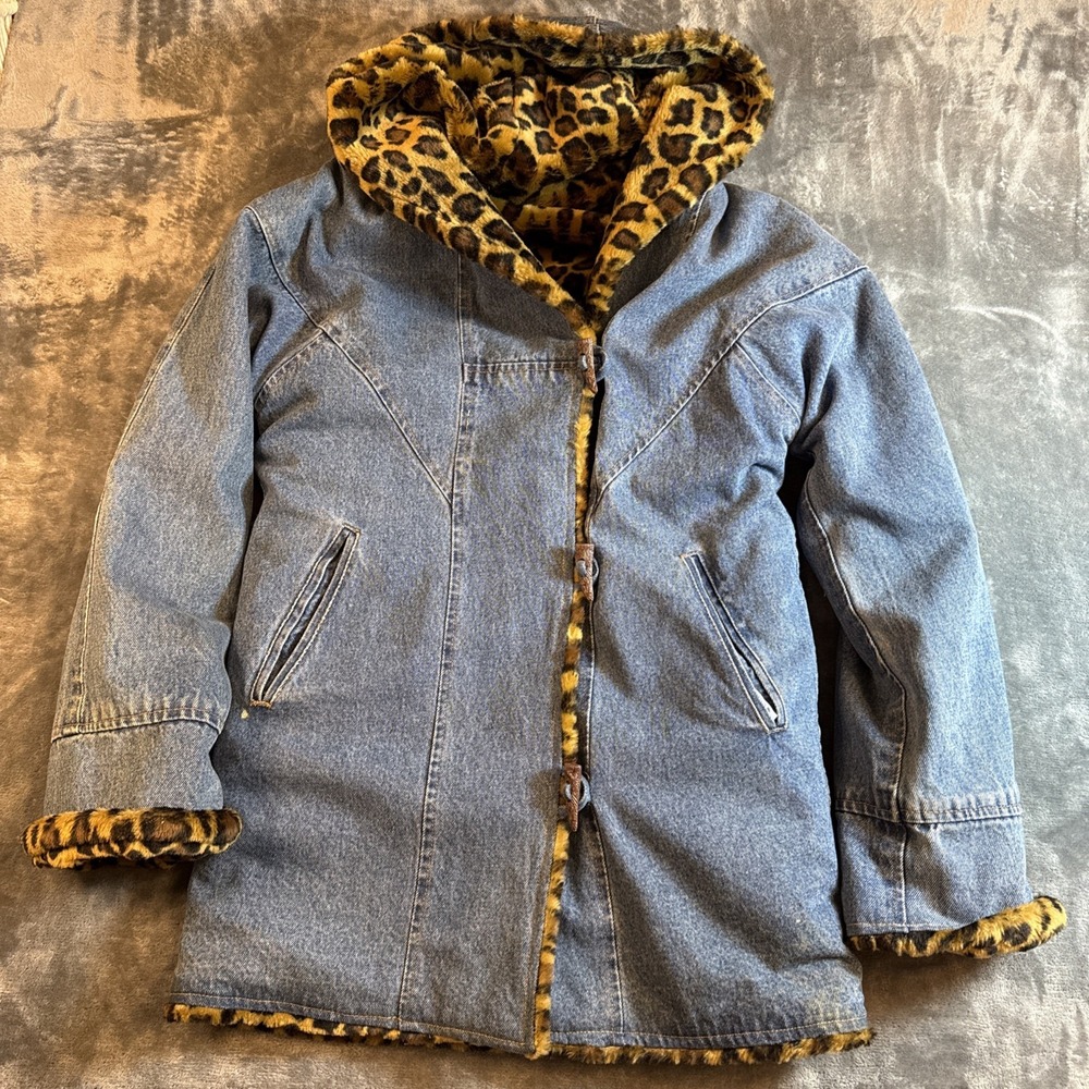 VTG 90s Atlantic Beach Leopard Faux Fur Reversible Denim Jacket Coat XS S